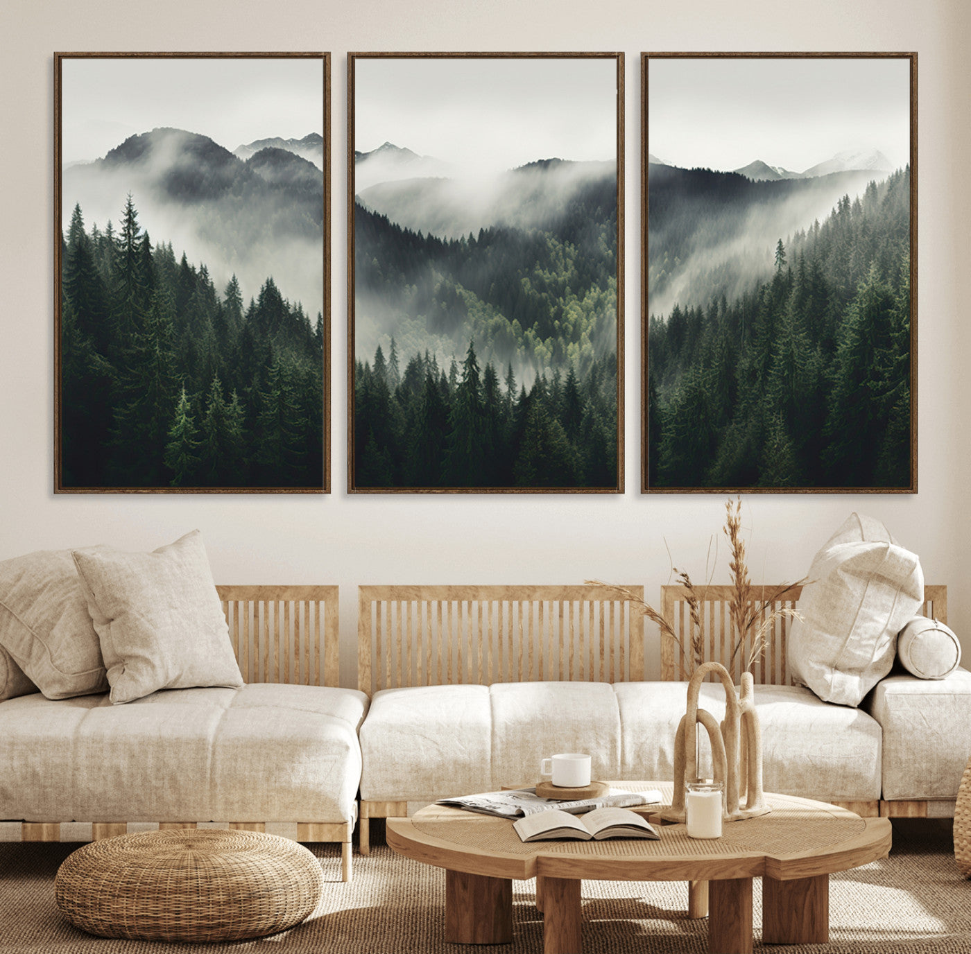 90953-MGV-FC-60X30-3P_Walnut-Misty Forest Canvas Print Wall Art Premium Canvas Print a Foggy and Serene Atmosphere