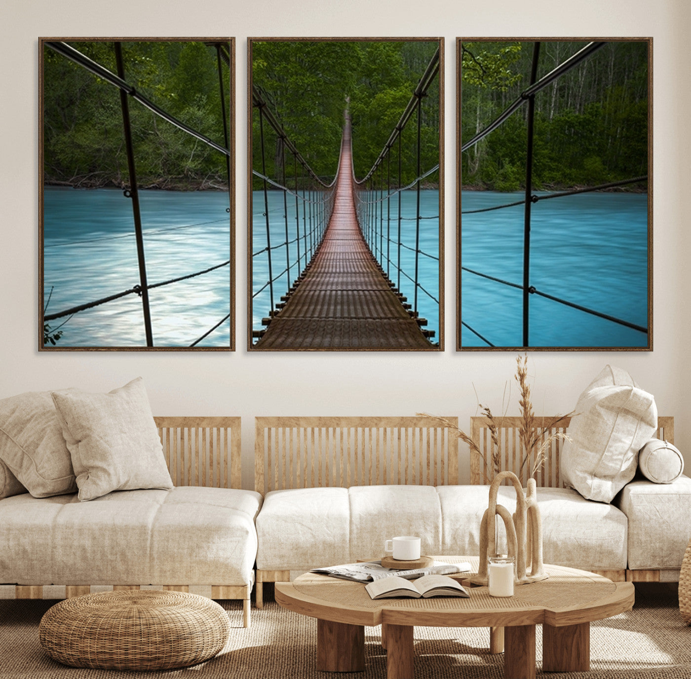 70229-MGV-FC-60X30-3P_Walnut-Suspension Bridge Over River Canvas Art | 3-Panel Nature Photography | Scenic Wall Art for Living