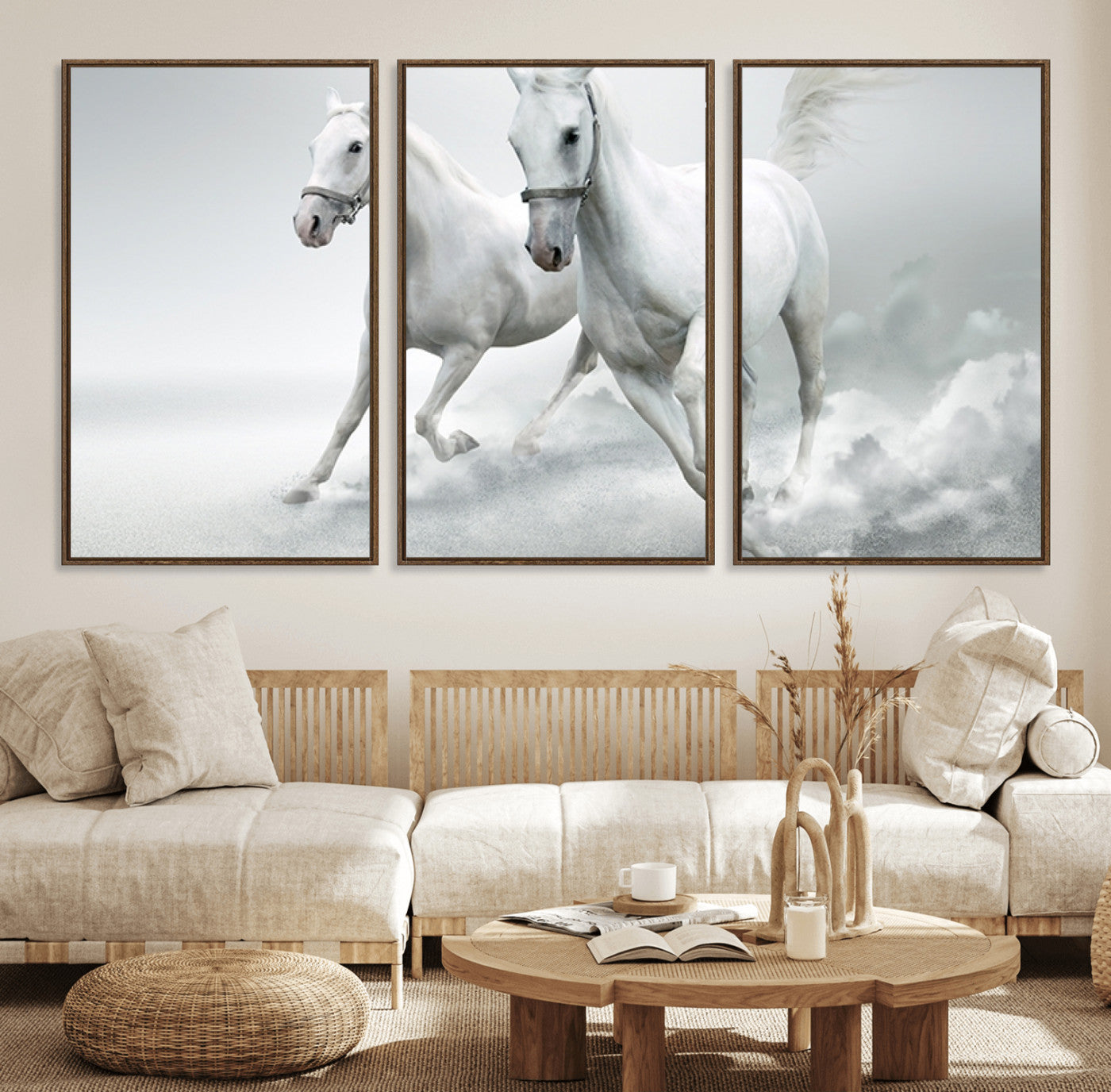 99992-MGV-FC-60X30-3P_Walnut-Large Wall Art Canvas Print – Beautiful Running White Horses Animal Artwork for Home, Office, Living Room