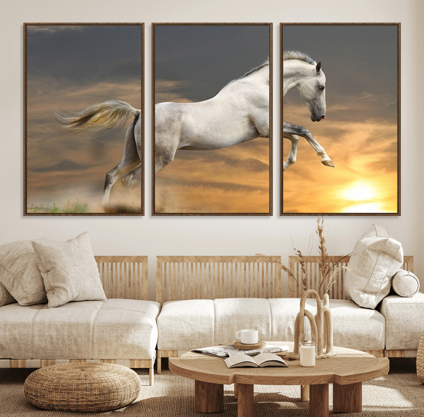 96845-MGV-FC-60X30-3P_Walnut-Large Wall Art Canvas Print – White Jumping Horse Sunset Scene Animal Artwork for Home, Office, Living Room Decor