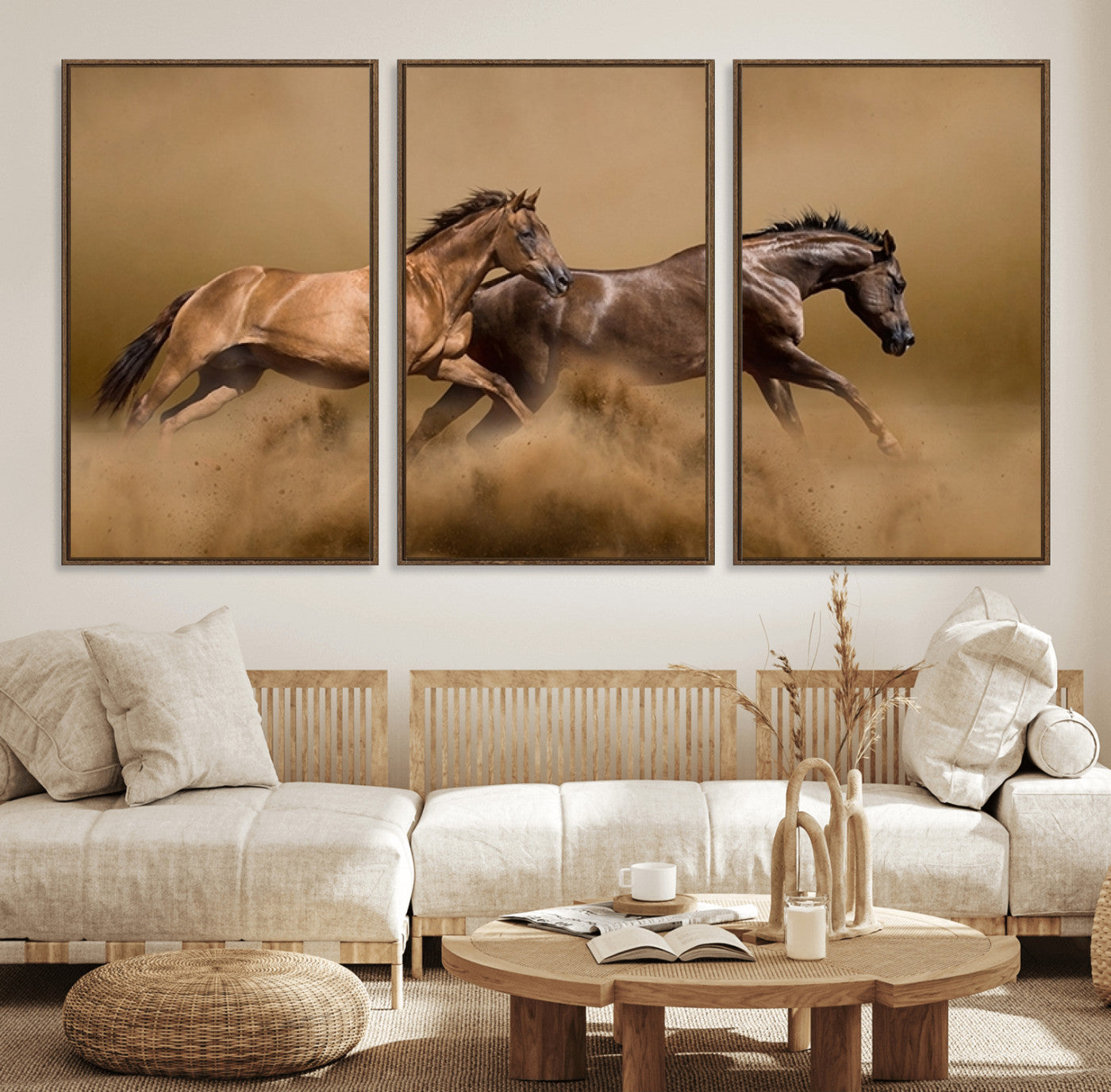 53721-MGV-FC-60X30-3P_Walnut-Large Wall Art Canvas Print – Two Running Brown Horses Motion Animal Artwork for Home, Office, Living Room Decor