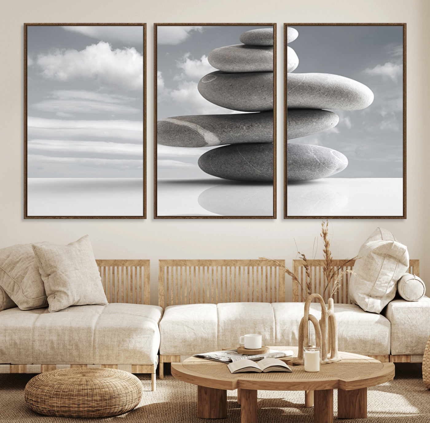 14496-MGV-FC-60X30-3P_Walnut-Still Life Black and White Zen Stones Wall Art Canvas, Framed Black and White Zen Stones Canvas