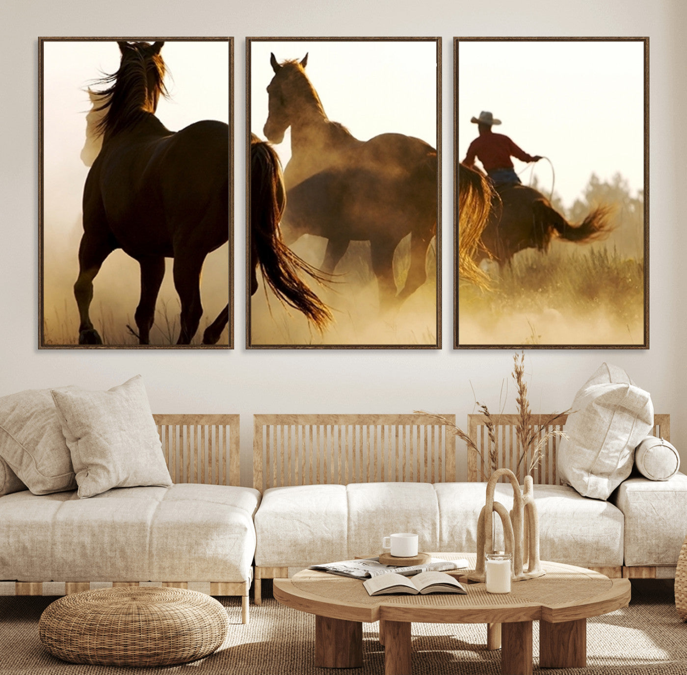 49068-MGV-FC-60X30-3P_Walnut-Horses and Cowboys Wall Art Canvas Print