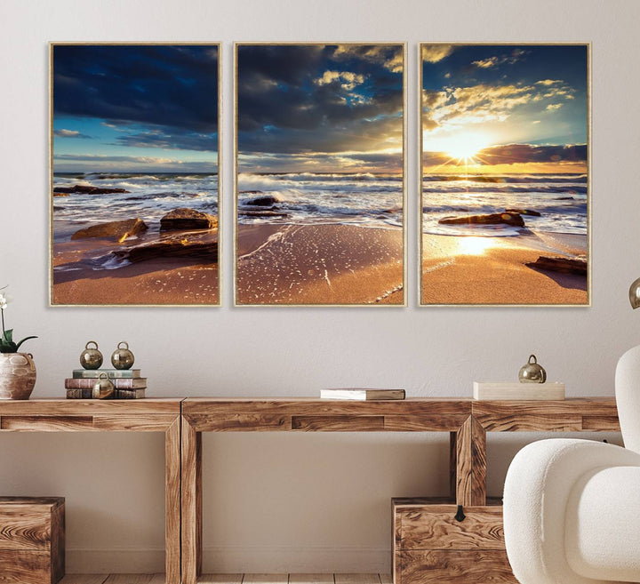 The Golden Hour Beach Sunset triptych adorns the wall with its captivating imagery.