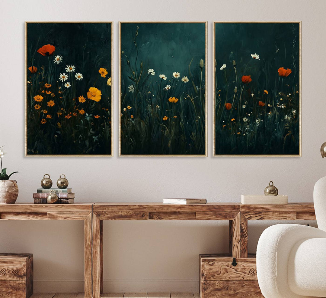 Framed Wildflower Field Wall Art adorns the wall.