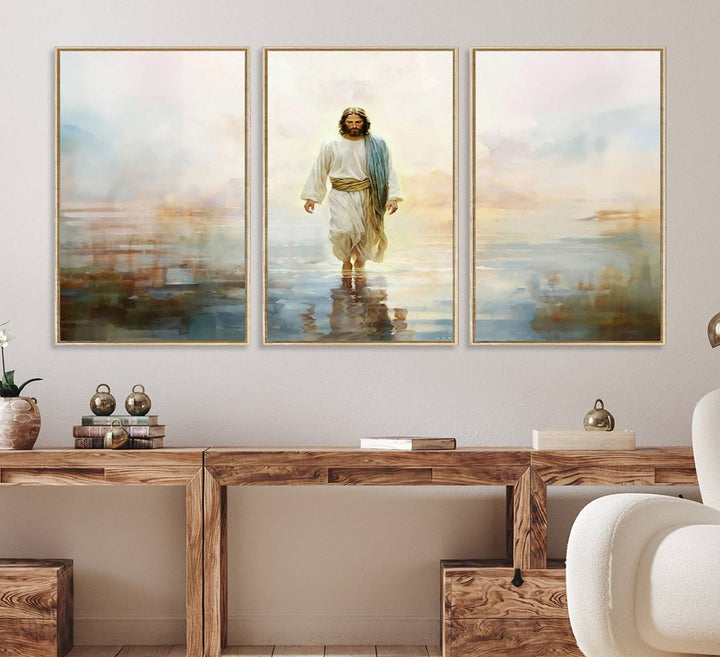 The 3-panel Framed Jesus Walking on Water Wall Art showcases a serene religious scene.