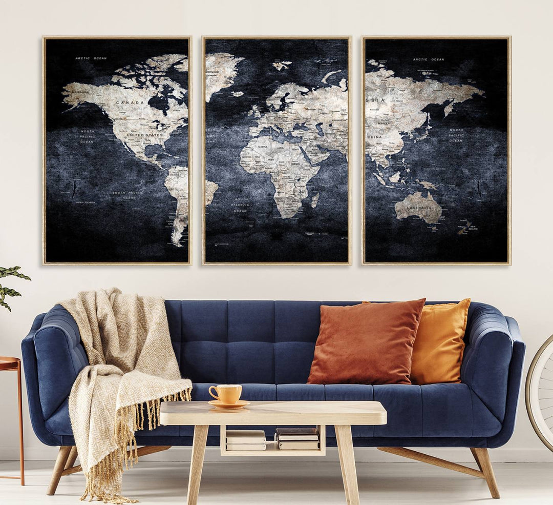 Rustic Black and Bronze World Map Canvas Triptych features white continents on a grunge-stained background.