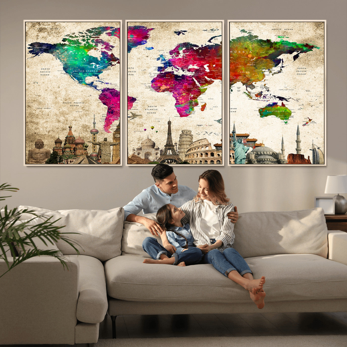 MGV-FC-60X30-3P - Push Pin World Map Canvas Print – Framed Wall Art for Couples to Track Their Travels – Anniversary