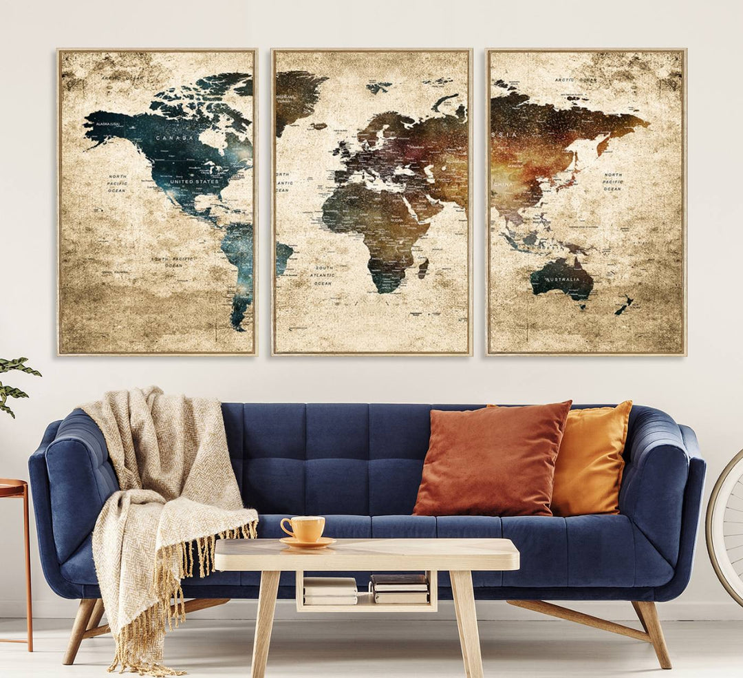 Grunge World Map Canvas featuring earth-toned continents, suitable for study, office, or living room.