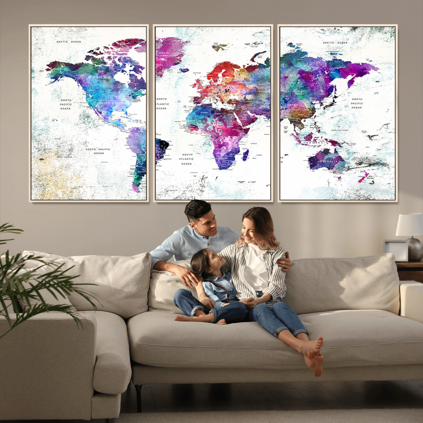 MGV-FC-60X30-3P - Push Pin World Map Canvas Print – Framed Wall Art for Couples to Track Their Travels – Anniversary
