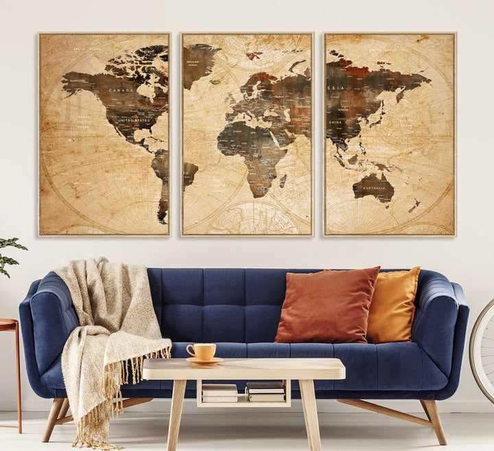 Vintage World Map: 3-Panel Canvas Print in antique rustic style. Framed and gallery wrapped. Ideal for decor.