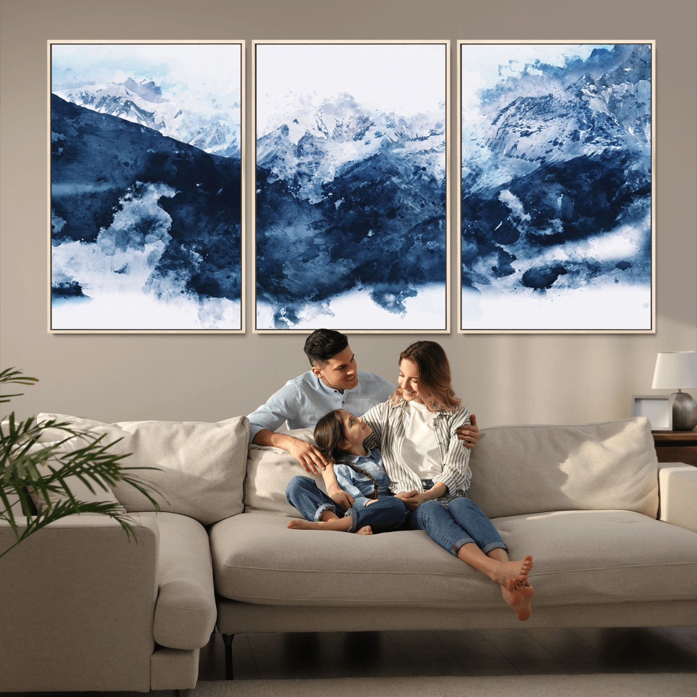 81700-MGV-CV-36X24-Abstract Blue Mountain Canvas Wall Art – Modern Triptych Landscape Print – Contemporary Nature Decor for Living Room or Office – Ready to