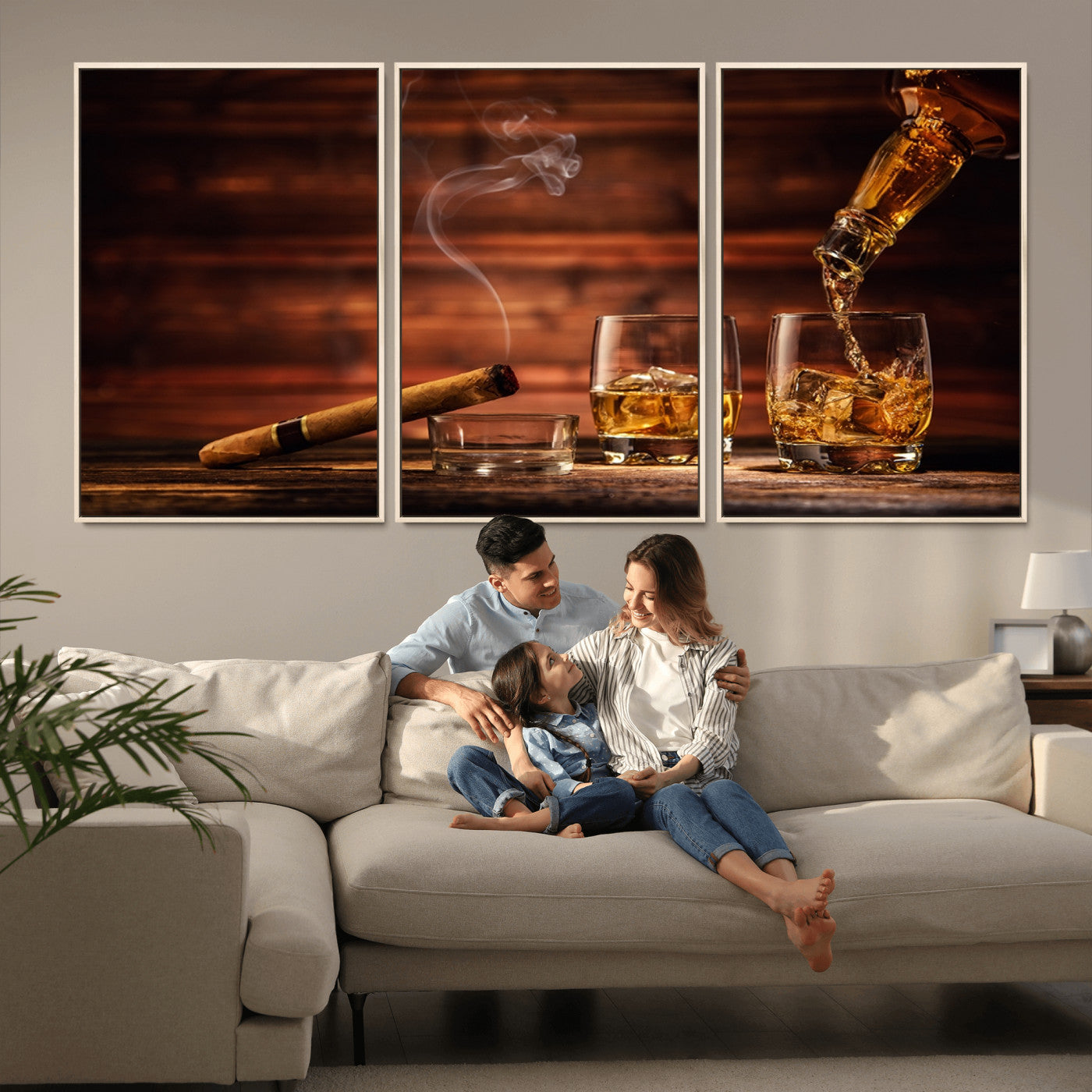 MGV-FC-60X30-3P - Whiskey and Cigar Wall Art Canvas | 3 Panel Bar Room Decor for Home Lounge, Office, or Man Cave |