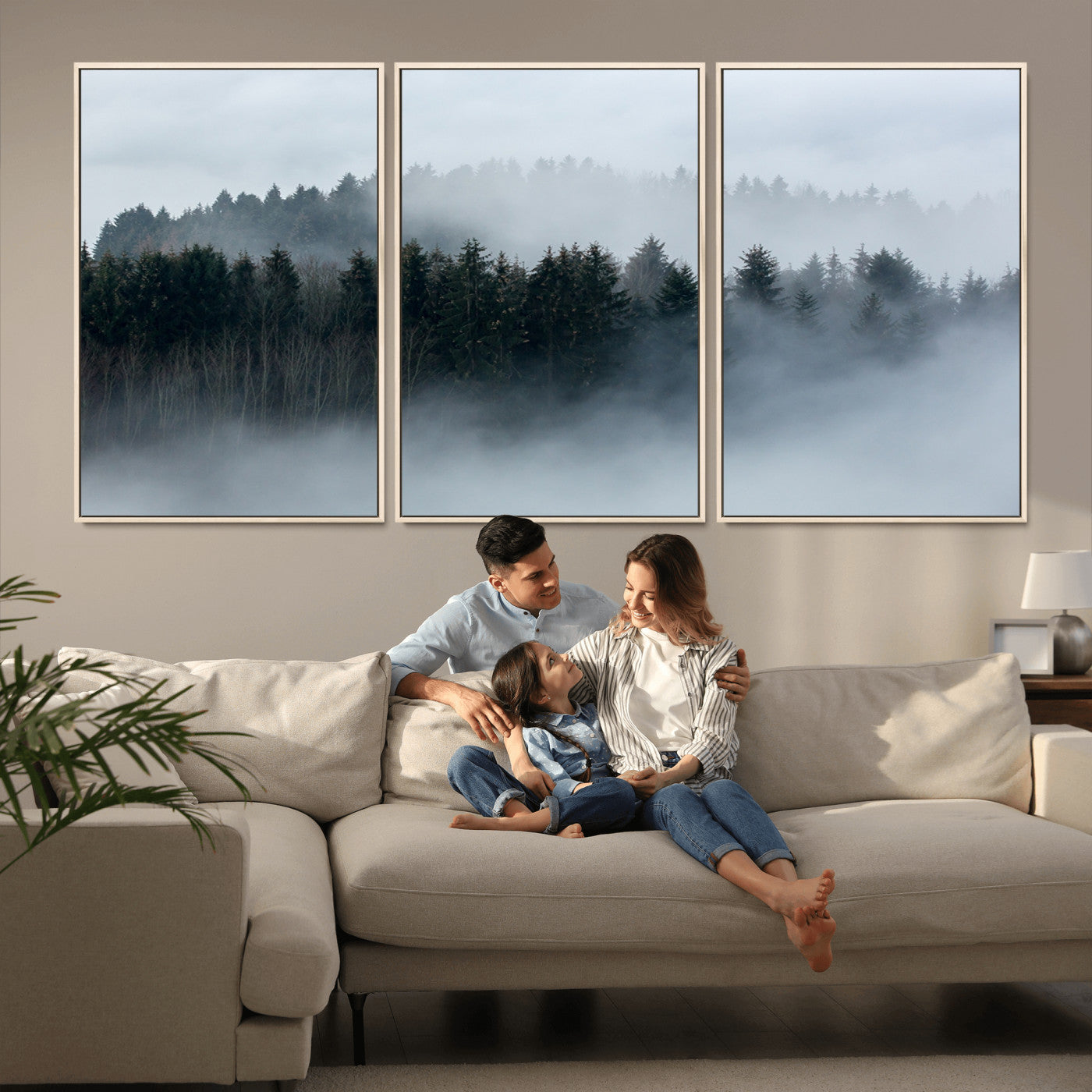 MGV-FC-60X30-3P - Autumn and Misty Trees in the Forest Wall Art Canvas Print, Foggy Forest Mountain Wall Art Canvas
