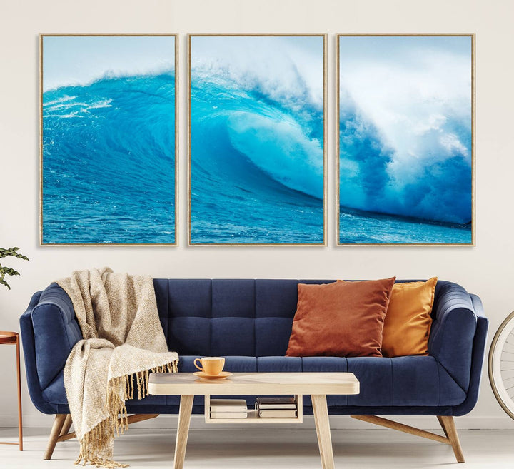 A museum-quality canvas depicting a vibrant blue ocean wave with white foam under a clear sky.