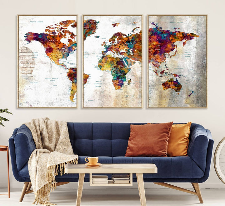 A vibrant Grunge Map Canvas Wall Art Set (3 Panels) for home or office decor, perfect for travel enthusiasts.