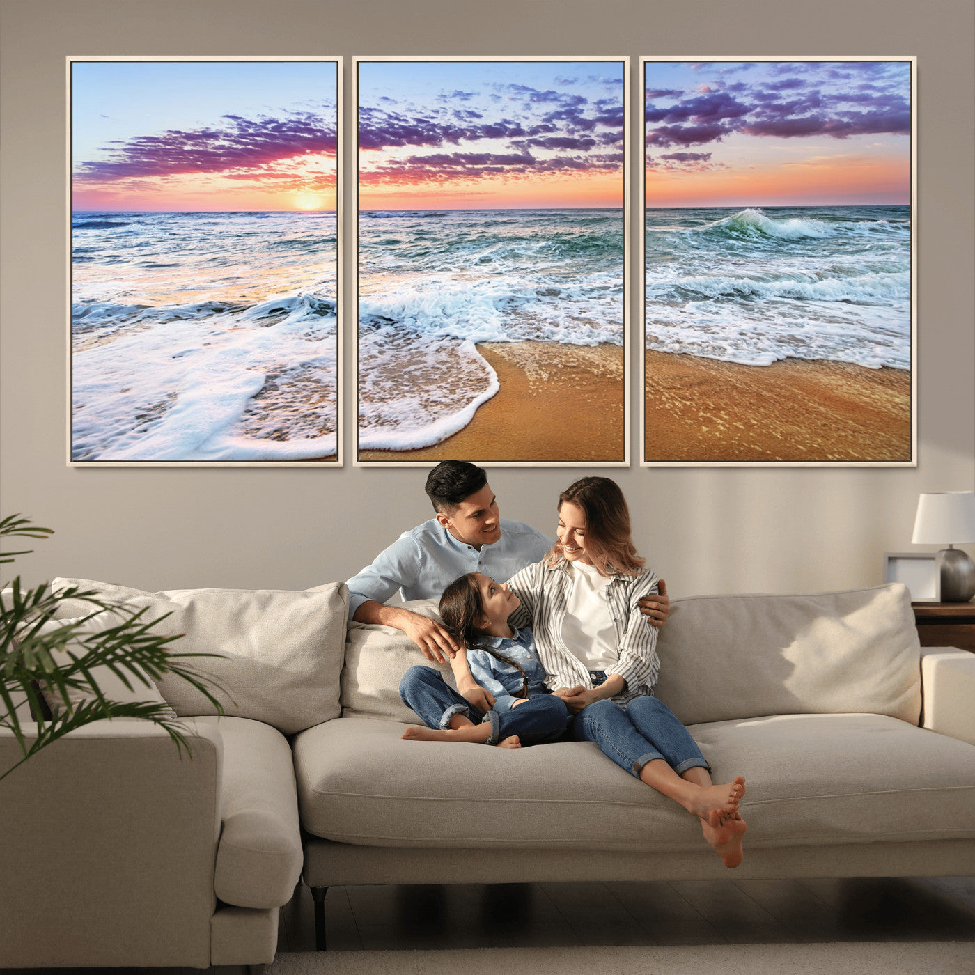 MGV-FC-60X30-3P - Coastal Sunset Art Beach Canvas Wall Art Print | Ocean Waves Wall Art | Large 3-Panel Seascape for