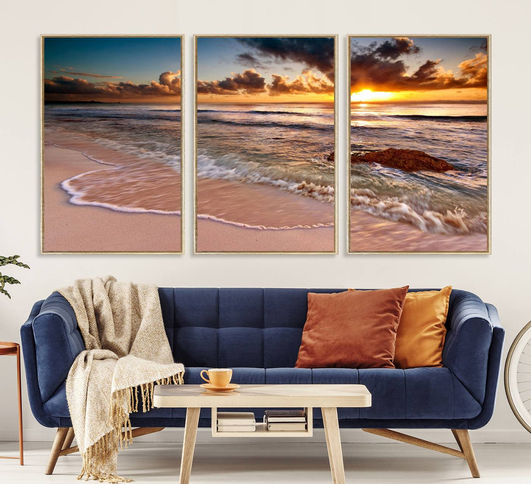 The Sunset on Ocean Wall Art Canvas Print beautifully captures a beach sunset, gentle waves, and a peaceful atmosphere.