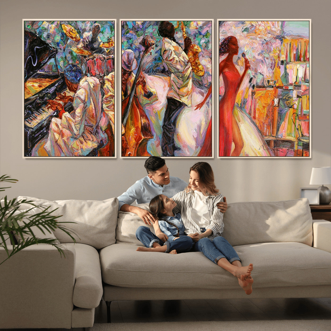 MGV-FC-60X30-3P - Abstract Afro American Jazz Canvas Wall Art | Music-Inspired Painting for Dining Room, Living Room,
