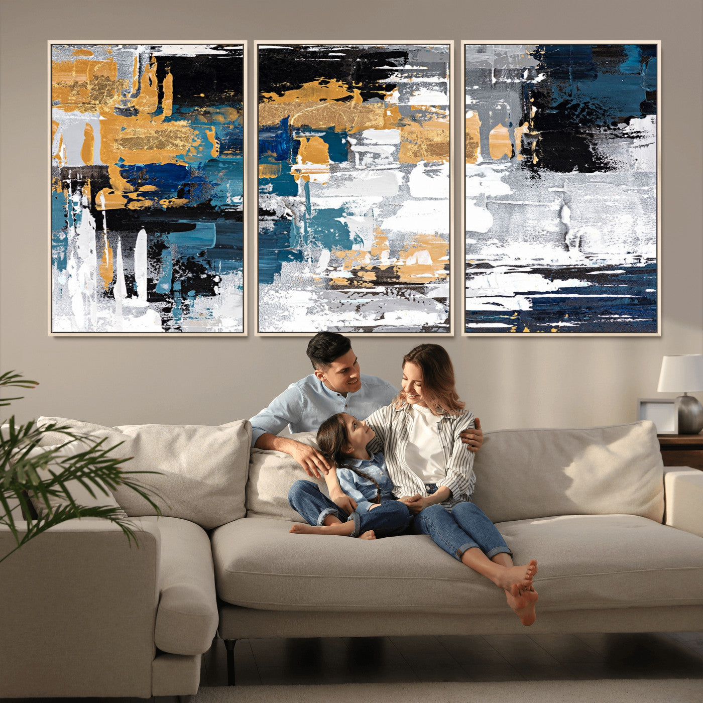 57708-MGV-CV-36X24-Blue and Gold Abstract Canvas Wall Art – Triptych Modern Painting for Living Room – Framed and Ready to Hang