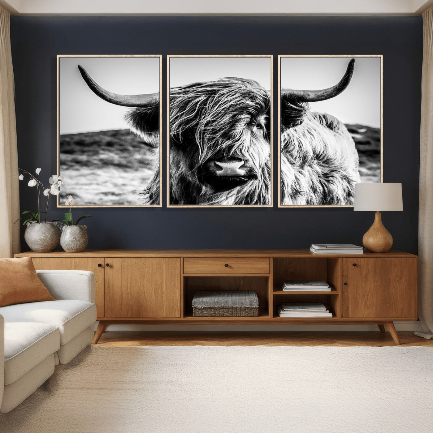 54309-MGV-CV-36X24 - Black and White Scottish Cow Canvas Wall Art Highland Cattle Canvas Print Framed Ready to Hang Original Cotton Canvas High Quality Image Multi Panel Wall Art Printable Artwork for Walls