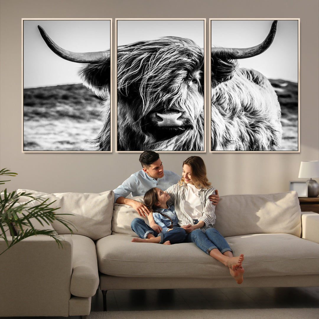 Highland Cow Wall Art | 3-Panel Black and White Highland Cow Canvas Print for Western Farmhouse Decor