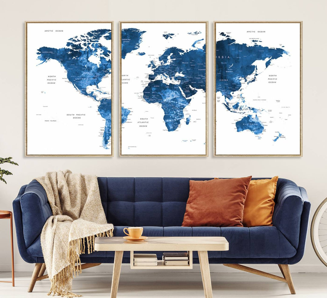 Navy Blue Wall Art World Map Canvas Print, an ideal piece for anyone seeking unique home or office decor.