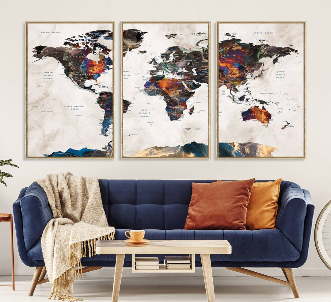 Watercolor World Map Canvas Print in earthy hues with a grunge background, ideal for wall decor.