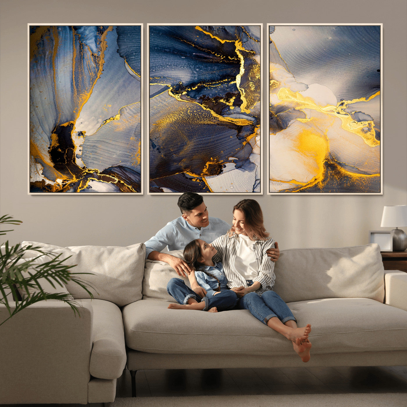 42100-MGV-CV-36X24-Large Abstract Wall Art Print - Gold and Blue Abstract Canvas Wall Art | Fluid Ink Modern Luxury Wall Decor for Living Room Decor