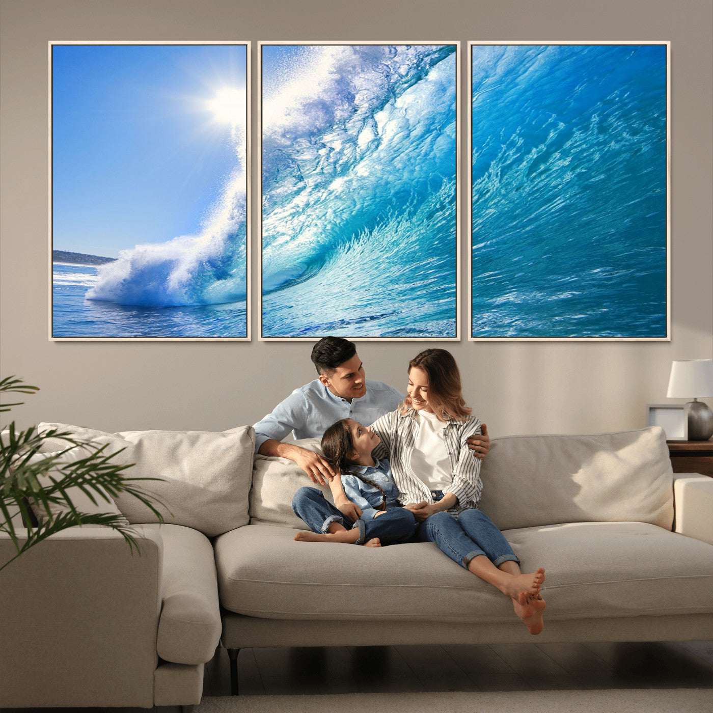 MGV-FC-60X30-3P - Blue Big Wave Surfing Ocean Canvas Wall Art Artwork Print , Surf Wall Art, Sea Wall Art