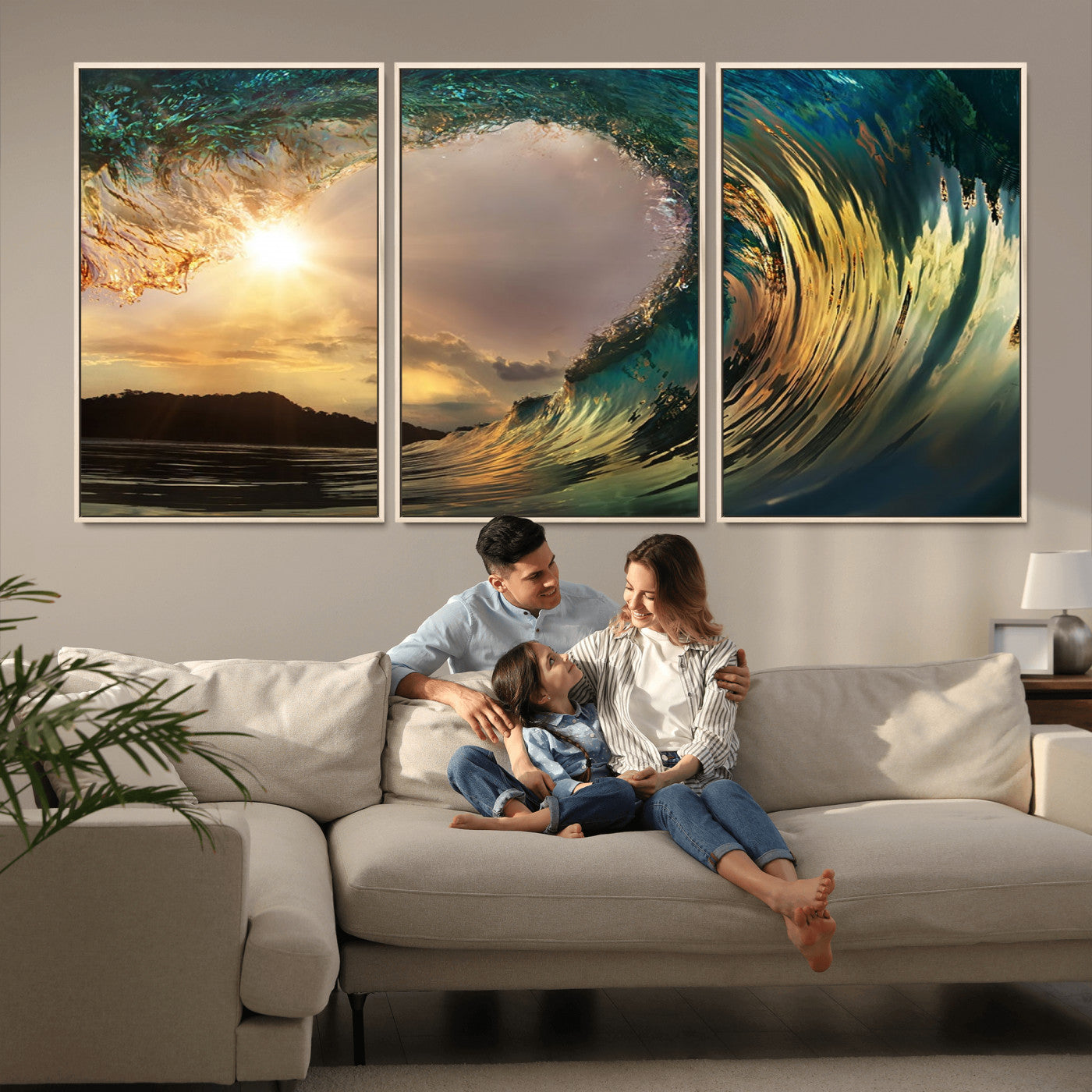 MGV-FC-60X30-3P - Golden Wave Sunset Giclee Canvas Print – Large Coastal Wall Art for Nature Lovers, Captivating Ocean Wave Decor