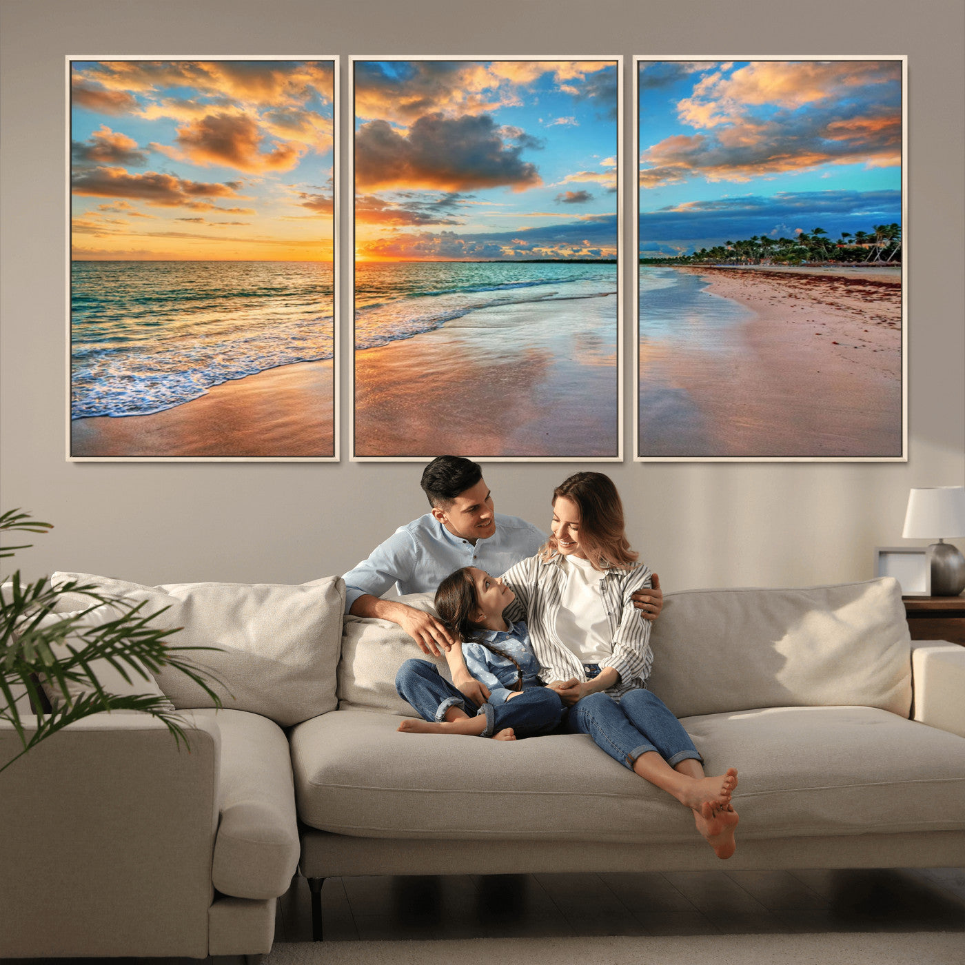 MGV-FC-60X30-3P - Sunset Ocean Waves on Tropical Beach, 3-Panel Giclee Canvas Art for Coastal Home Decor, Vibrant Palm-Lined Shore