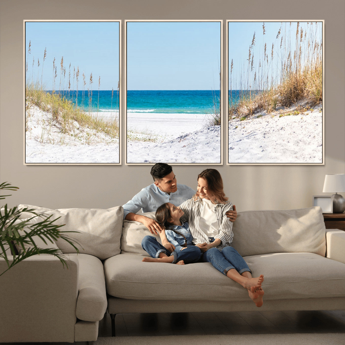 MGV-FC-60X30-3P - Serene Coastal Dune Path with Ocean View, 3-Panel Beach Canvas Wall Art, Tranquil Seascape Giclee Print, Gallery Wrap, Perfect for Coastal Home Decor