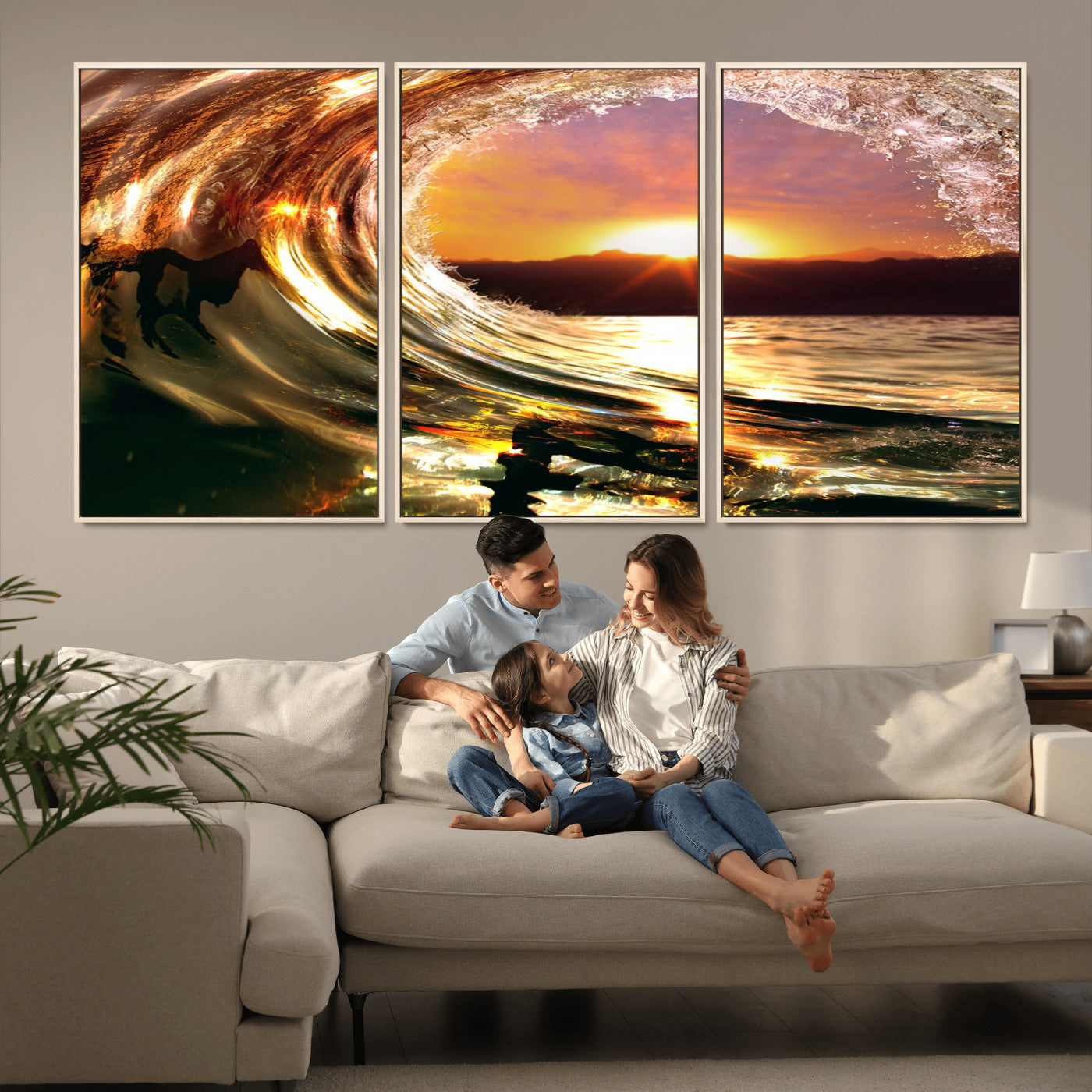 MGV-FC-60X30-3P - Golden Wave Sunset Triptych Canvas Art, Giclee Canvas Print of Ocean Wave and Sunset, Framed Ocean
