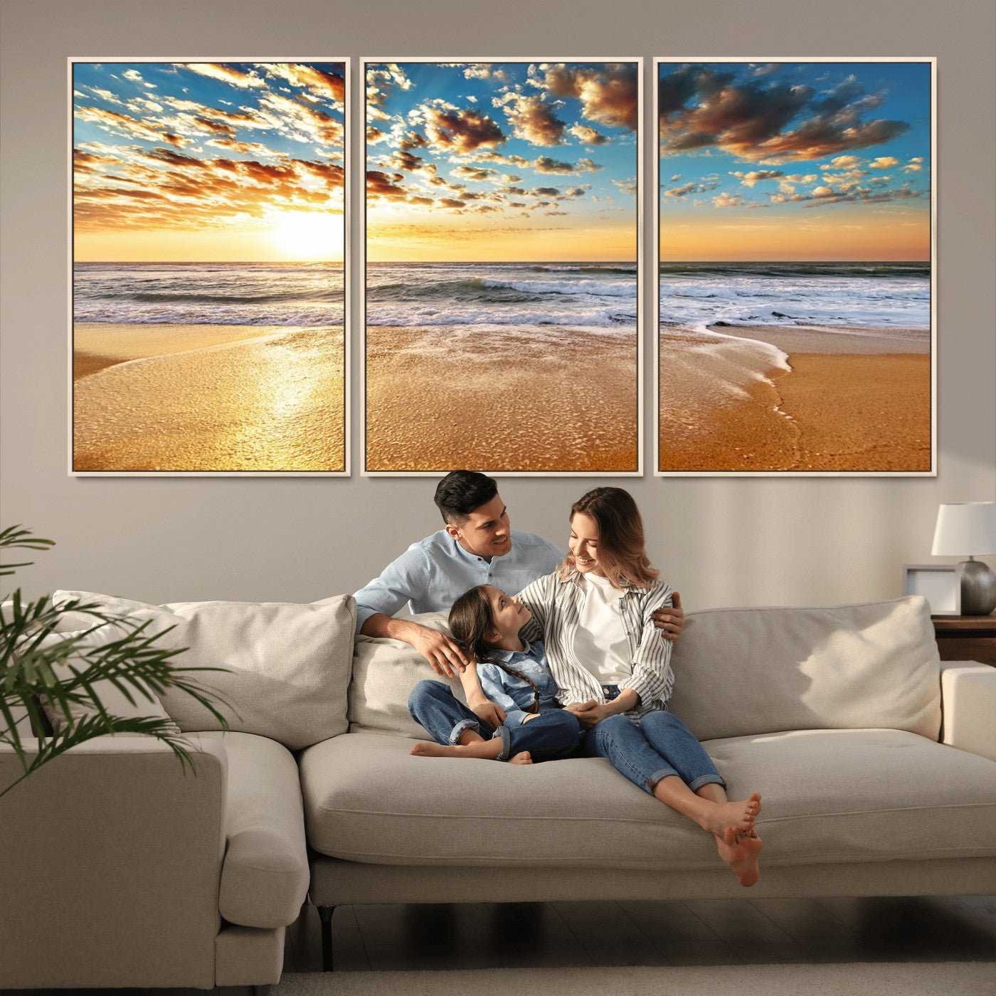 MGV-FC-60X30-3P - Golden Sunset Beach Print Canvas Wall Art, Giclee Canvas Print with Canon Print Quality, Triptych