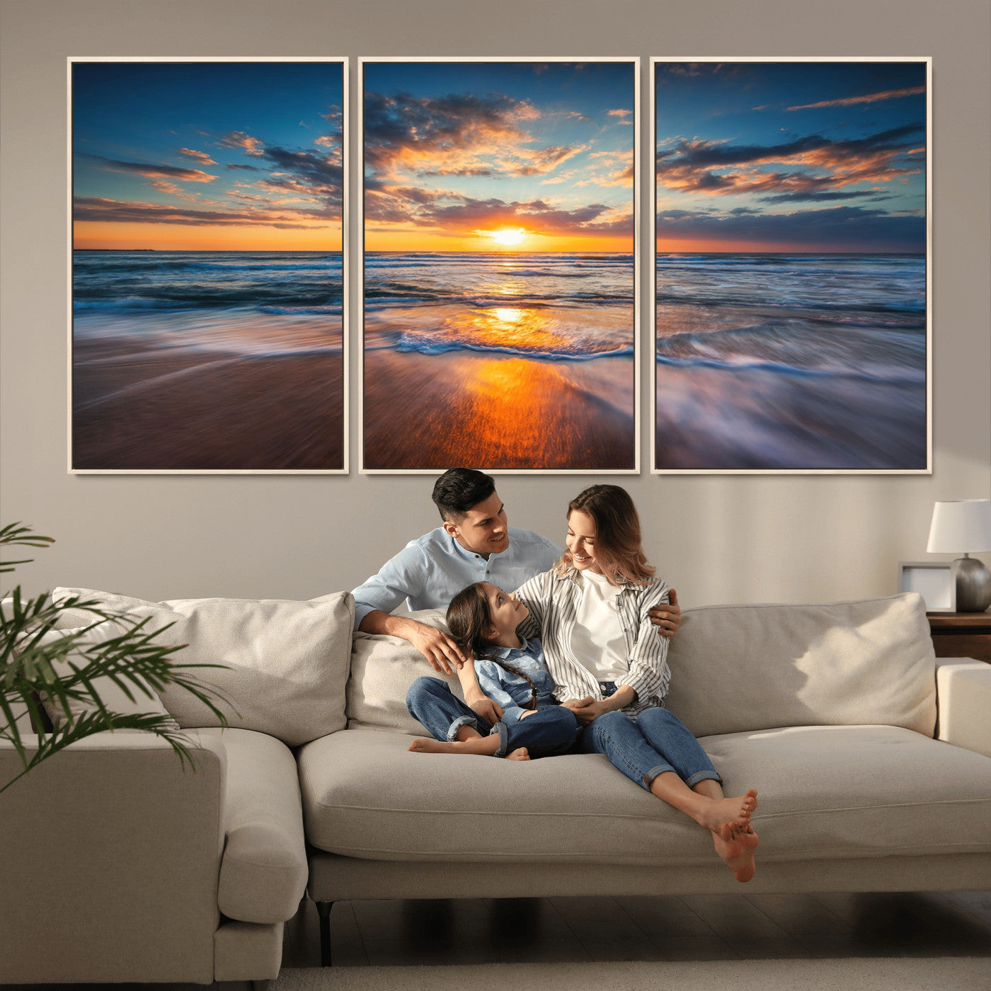 MGV-FC-60X30-3P - Sunset on the Ocean Beach with Waves, Reflections on Sand, Coastal Wall Art Print, Beach Wall Art,