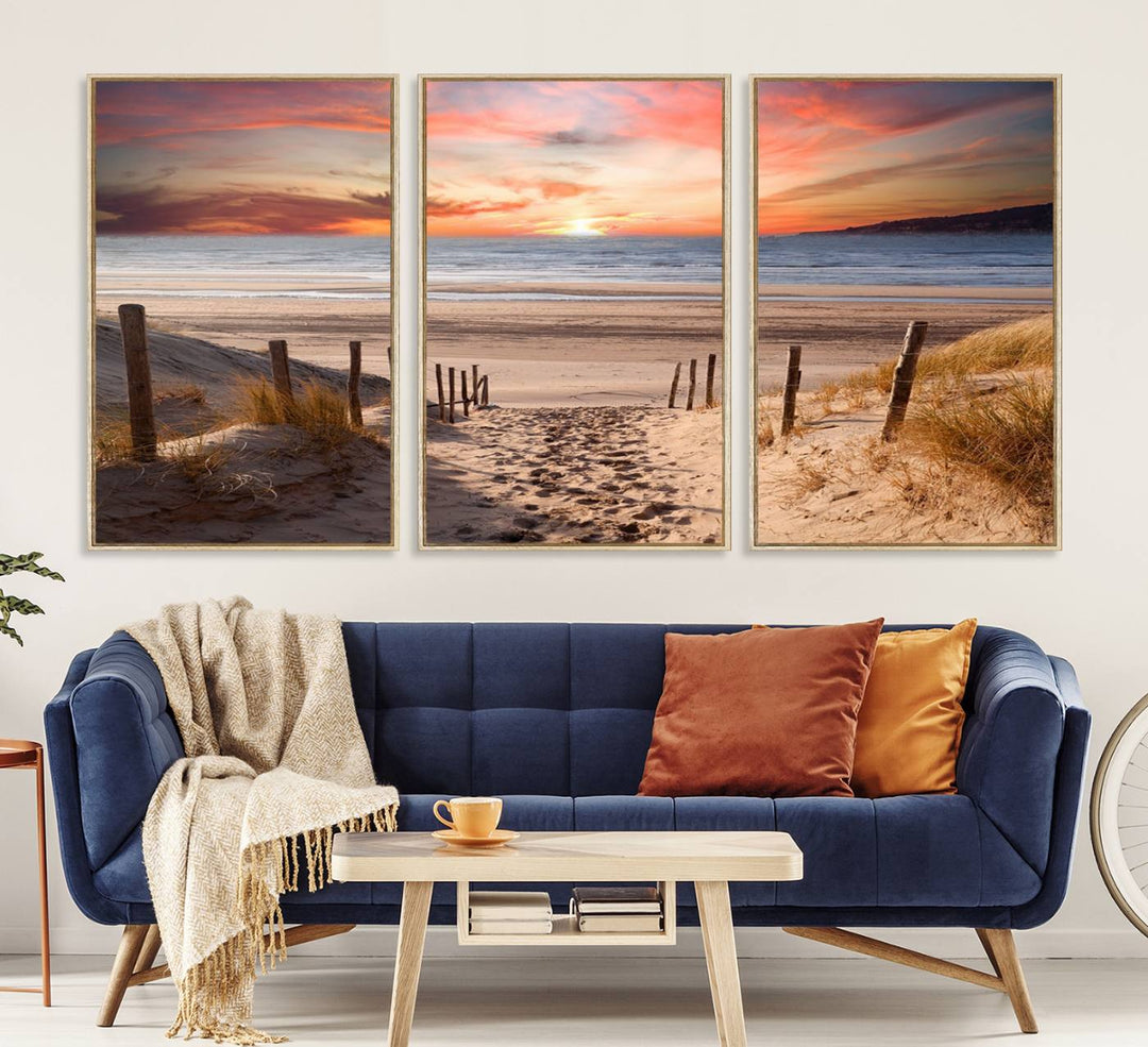 The Sunset on the Sea Wall Art Canvas Print beautifully captures a beach sunset and waves, enhanced with a UV-protective coating.