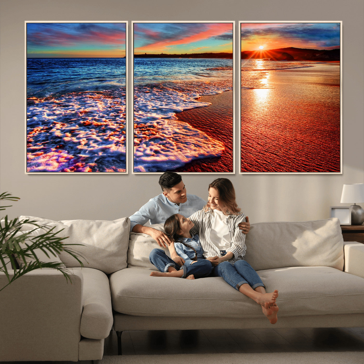 MGV-FC-60X30-3P - Colorful Coastal Sunset on the Beach Canvas Print, Ocean Waves Crashing at Dusk, Multi-Panel Seascape Vibrant Coastal Wall Art Canvas Print