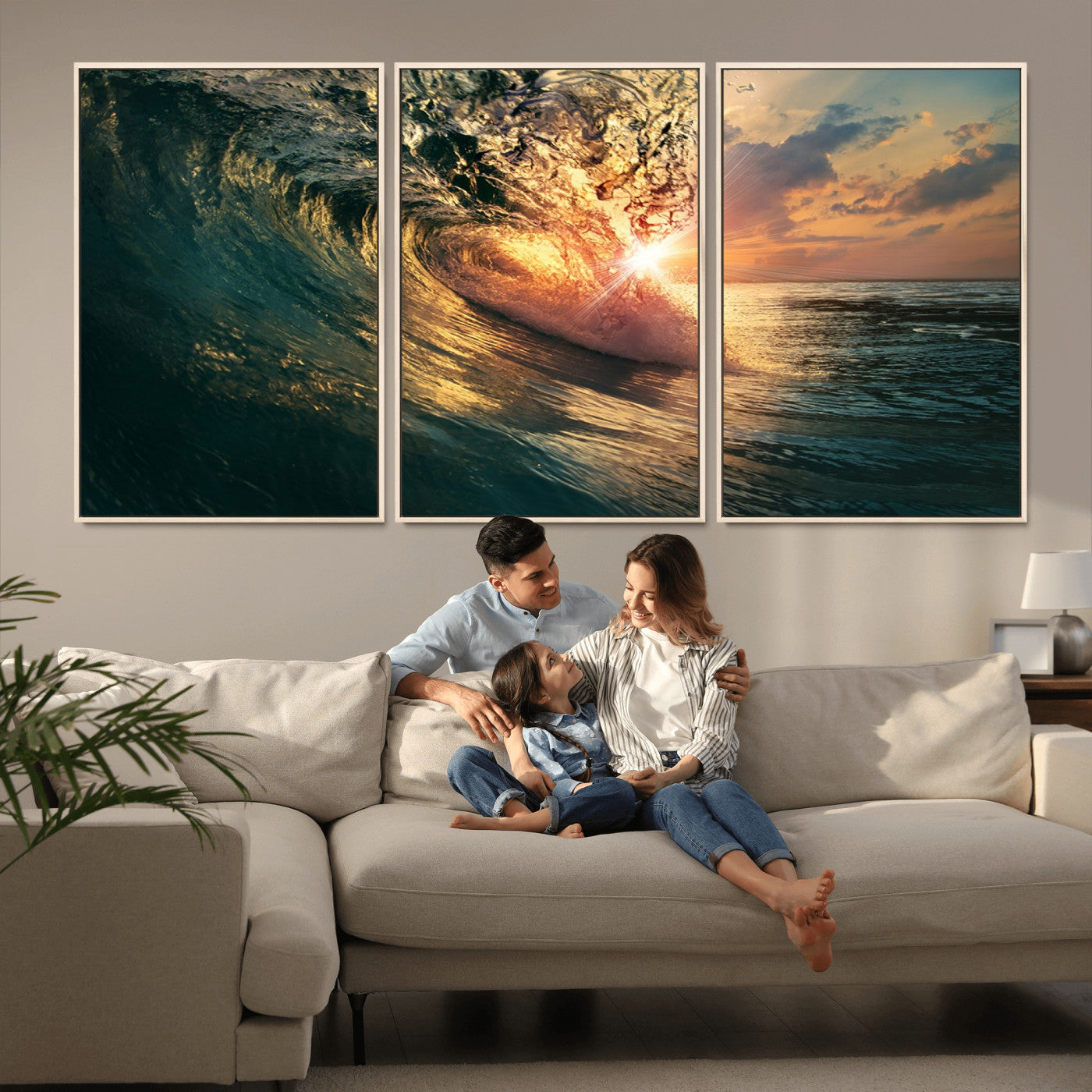 MGV-FC-60X30-3P - Ocean Wave Sunset Canvas Wall Art – Triptych Seascape Print – Framed and Ready to Hang for Living Room or Office