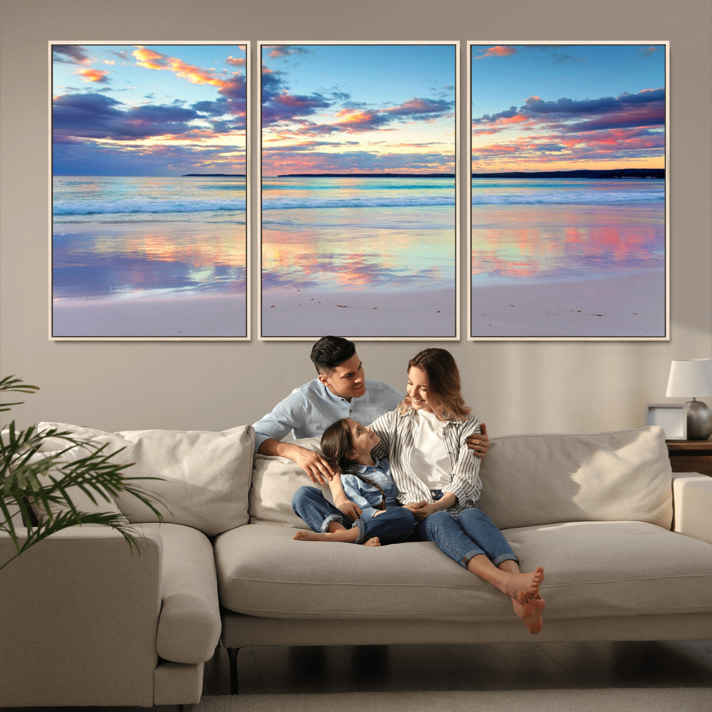 MGV-FC-60X30-3P - Tranquil Pastel Sunset Beach Triptych Canvas Art, Soothing Coastal Ocean Shoreline Giclee Print, Beach Reflections Wall Decor for Serene Spaces