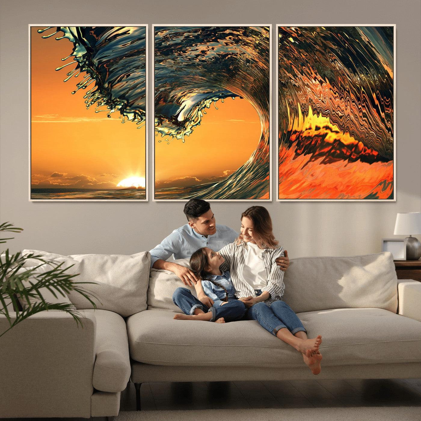 -Surf Wave Sunset Canvas Wall Art Print, 3-Panel Ocean Coastal Wall Art Print, Ocean Decor for