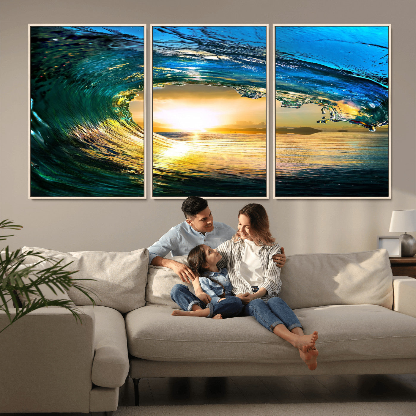 MGV-FC-60X30-3P - Ocean Wave at Sunset Canvas Art, Large Wall Print of Vibrant Water Waves, Coastal Art for Living Room and Dining Room