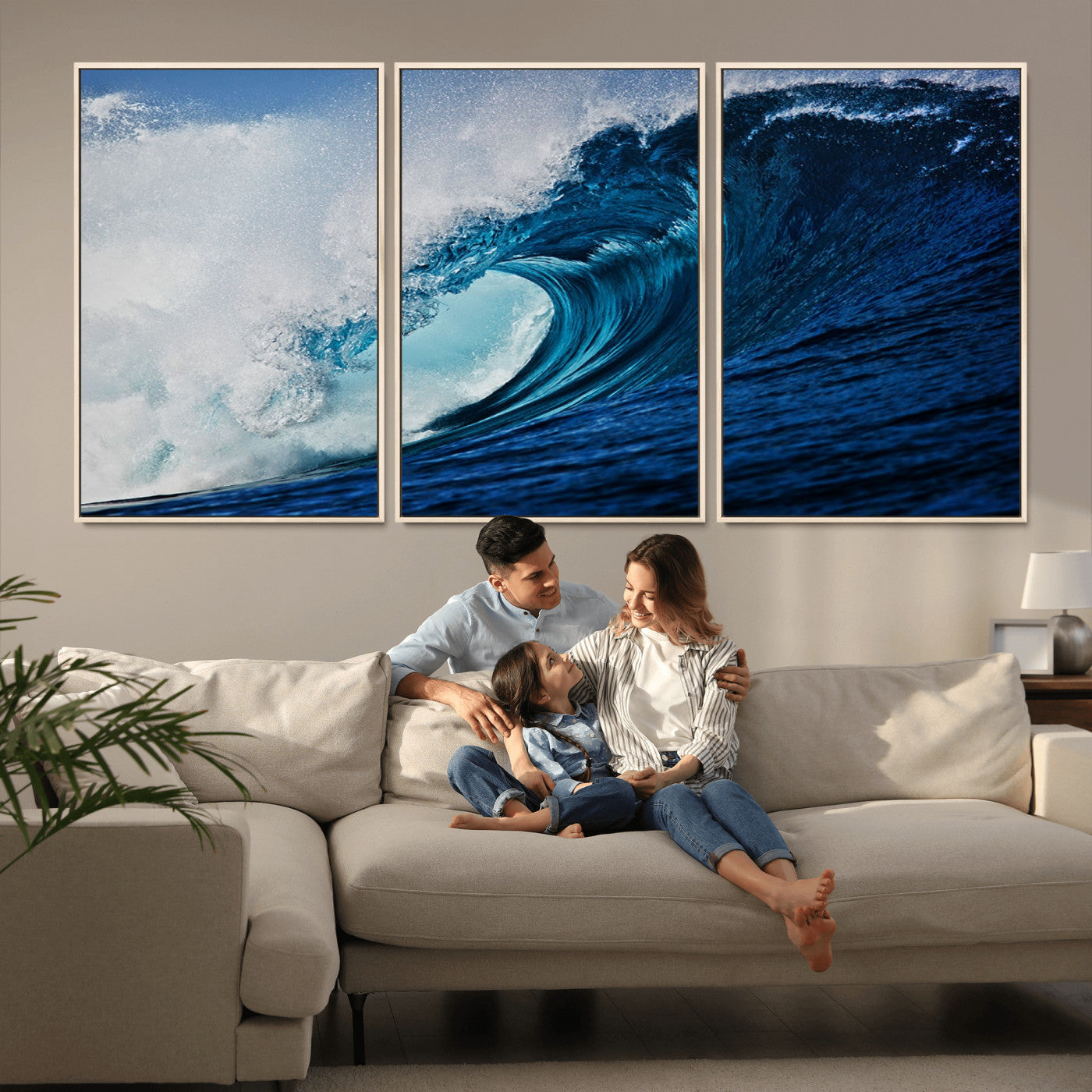 MGV-FC-60X30-3P - Ocean Wave at Sunset Canvas Art, Large Wall Print of Vibrant Water Waves, Coastal Art for Living Room and Dining Room Decor