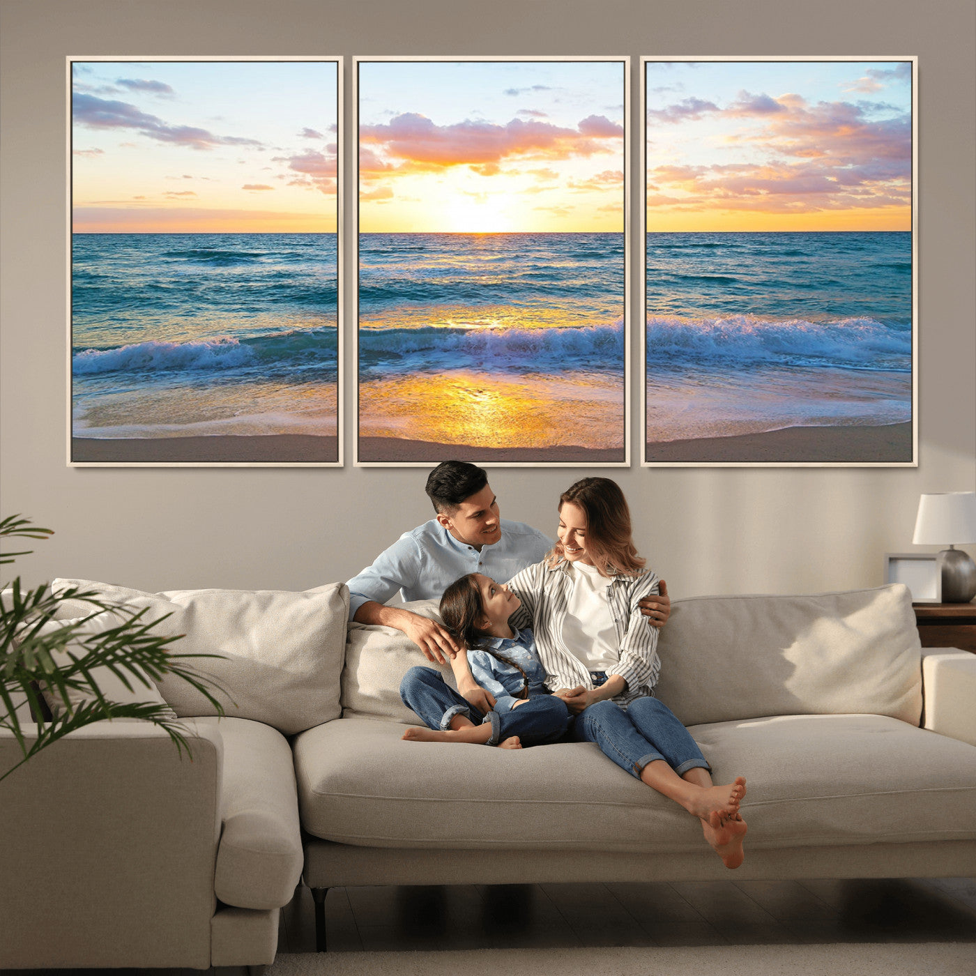 MGV-FC-60X30-3P - Ocean Sunset Triptych Canvas Wall Art, Giclee Beach Sunset Print with Gentle Waves, Coastal Art for Relaxation Spaces