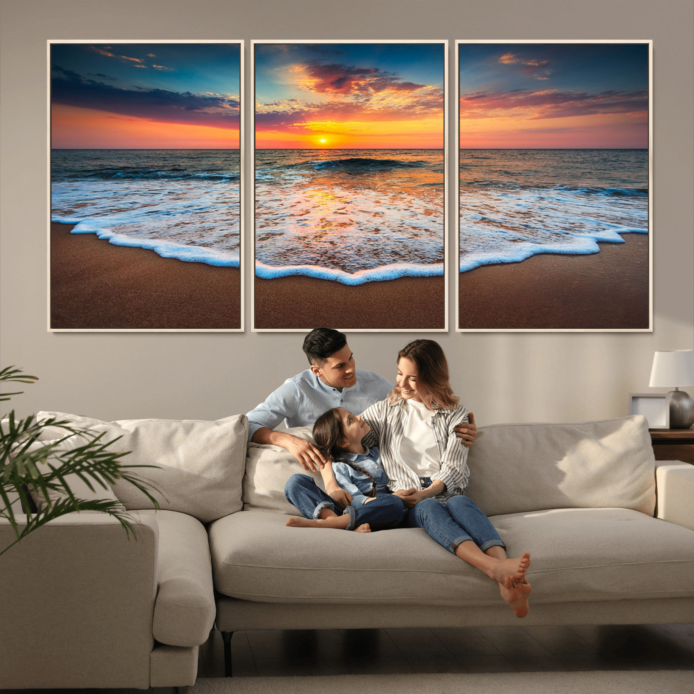 MGV-FC-60X30-3P - Sunset Beach Canvas Wall Art – Colorful Ocean Waves Triptych – Coastal Decor for Living Room or Bedroom – Framed and Ready to Hang