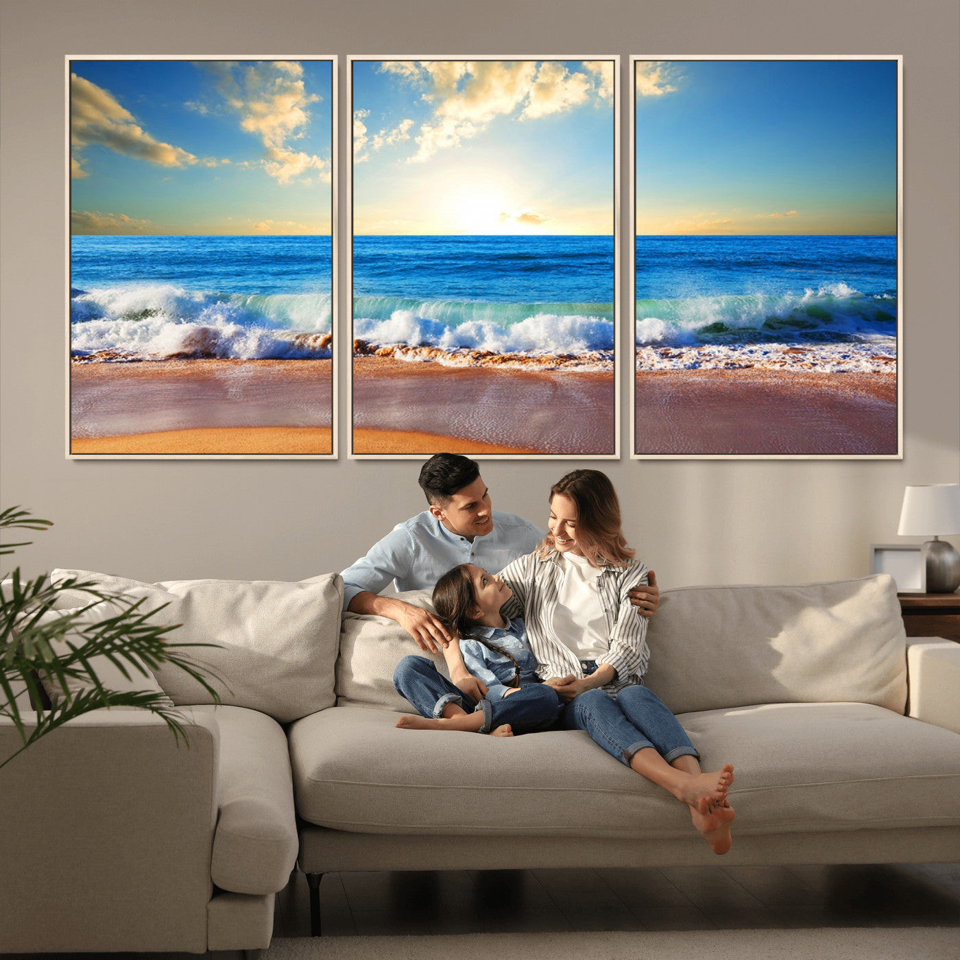 MGV-FC-60X30-3P - Tropical Beach Sunset Canvas Art, Ocean Waves and Sandy Shoreline Wall Art, Large Beach Decor for Coastal Homes