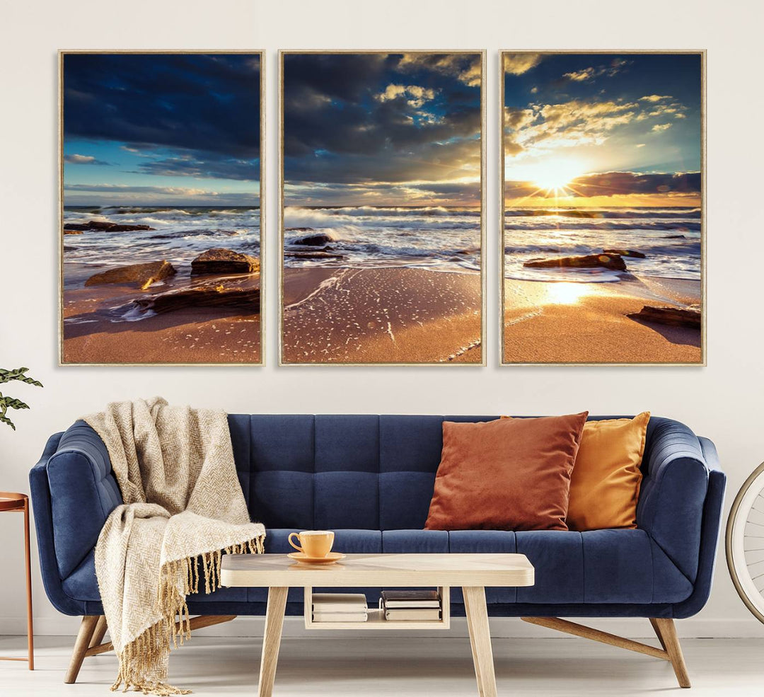 The Golden Hour Beach Sunset triptych adorns the wall with its captivating imagery.