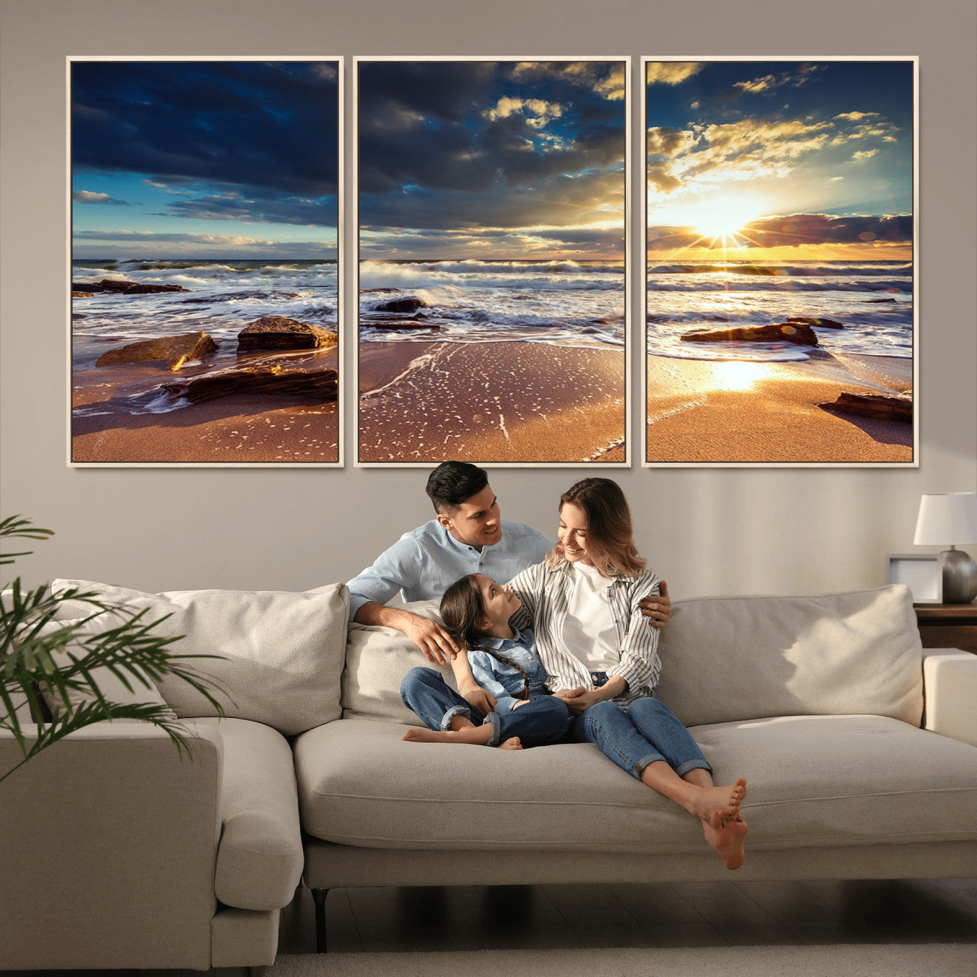 MGV-FC-60X30-3P - Golden Hour Beach Sunset Canvas Triptych, Ocean Waves and Rocks Wall Art for Coastal Home Decor