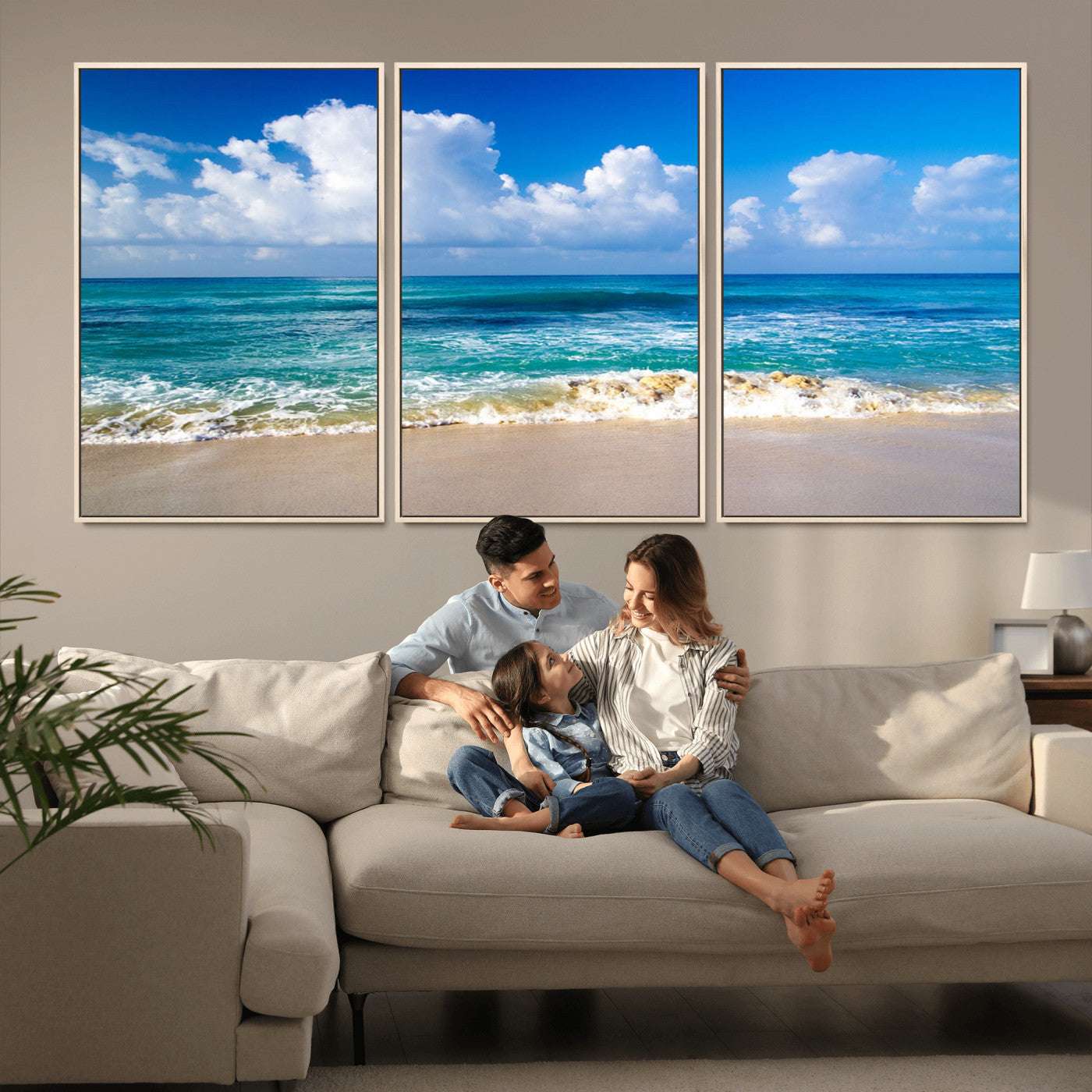 MGV-FC-60X30-3P - Tropical Beach 3-Panel Canvas Wall Art – Serene Ocean Waves and Blue Sky – Giclée Print for Living Room, Office, or Bedroom Coastal Decor