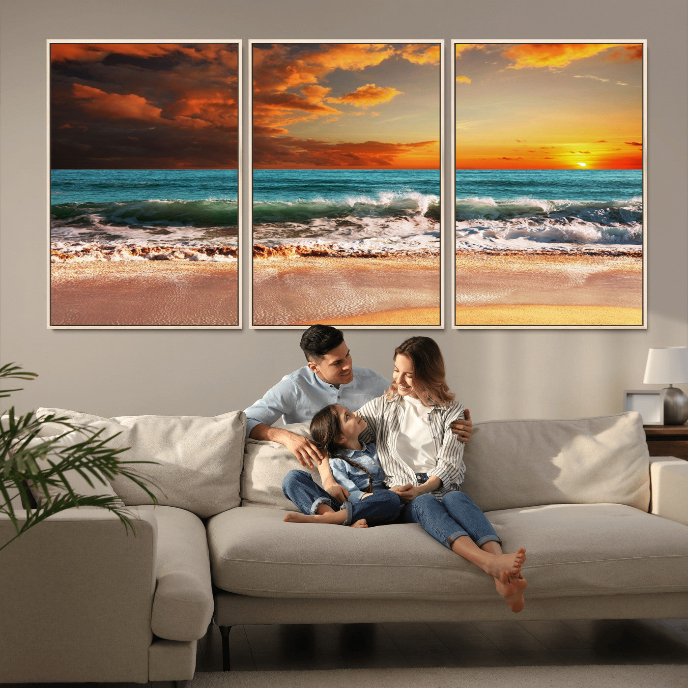 MGV-FC-60X30-3P - Golden Sunset Beach Canvas Wall Art – Triptych Seascape Print – Framed and Ready to Hang for Living Room or Office